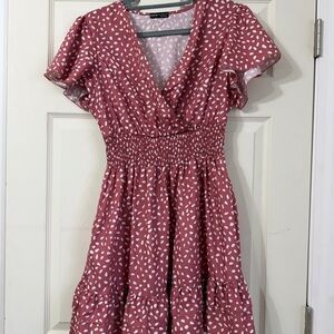 SHEIN Rose Pink Dot Shirred-Waist Flutter Sleeve Mini Dress